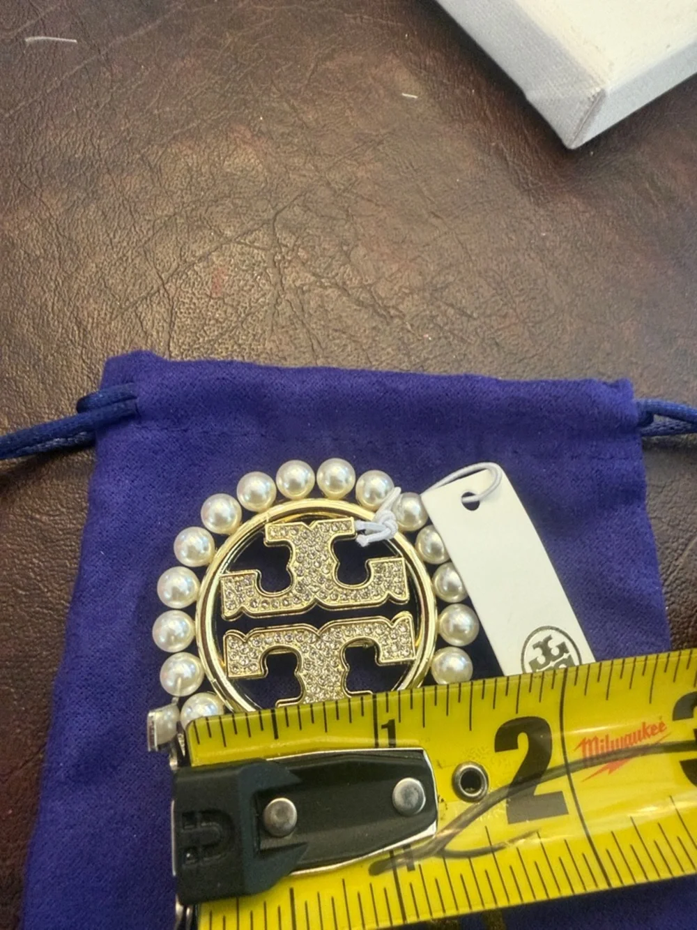Tory Burch Gold-Tone Crystal Logo Brooch with White Pearls New With Dust Bag